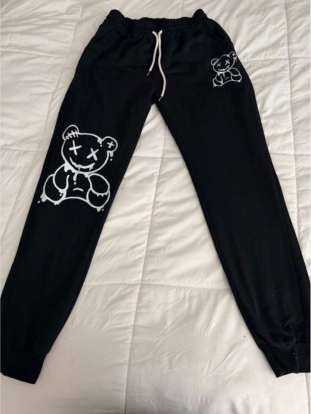 Black Sweatpants with White Cartoon Bear Print and Drawcord